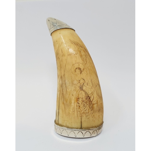 616 - An early 19th century scrimshaw, converted to a snuff mull, with silver coloured metal mounts, decor... 