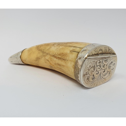 616 - An early 19th century scrimshaw, converted to a snuff mull, with silver coloured metal mounts, decor... 