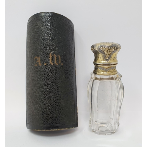 618 - A 19th century French silver gilt coloured metal and glass scent bottle, initialled, the body inscri... 