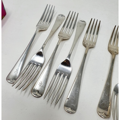 625 - A matched set of nine silver Old English pattern dessert forks, initialed, various dates and makers,... 