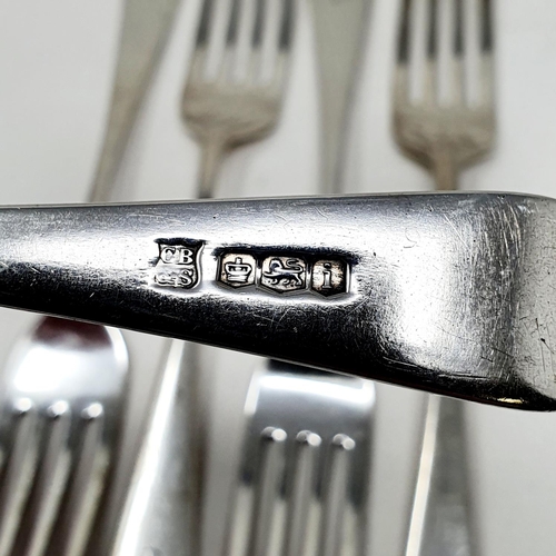 625 - A matched set of nine silver Old English pattern dessert forks, initialed, various dates and makers,... 