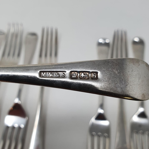 625 - A matched set of nine silver Old English pattern dessert forks, initialed, various dates and makers,... 