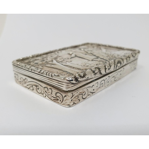 629 - A 19th century Dutch silver snuff box, the lid decorated with couple, 8 cm wide, 2.8 ozt