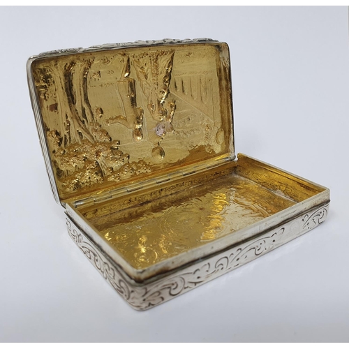 629 - A 19th century Dutch silver snuff box, the lid decorated with couple, 8 cm wide, 2.8 ozt