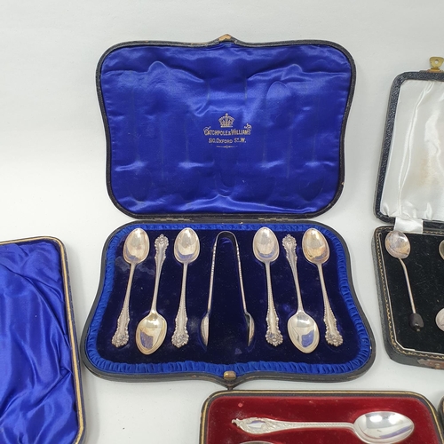 634 - A set of six silver teaspoons, with matching tongs, Birmingham 1908, boxed, and other assorted silve... 