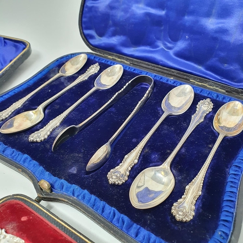 634 - A set of six silver teaspoons, with matching tongs, Birmingham 1908, boxed, and other assorted silve... 