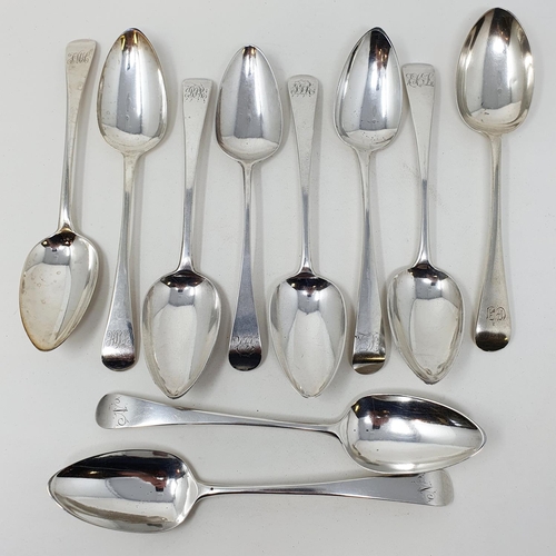 636 - A matched set of ten silver Old English pattern tablespoons, initialed, various dates and makers, 21... 