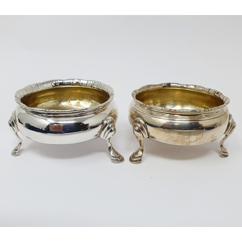 698 - A pair of 18th century silver salts, on three pad feet, marks rubbed, 3.1 ozt (2)