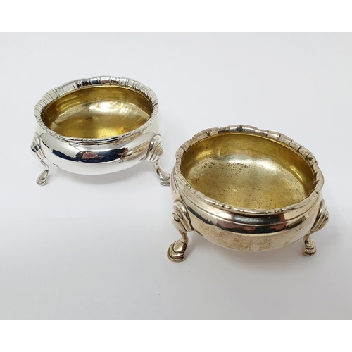 698 - A pair of 18th century silver salts, on three pad feet, marks rubbed, 3.1 ozt (2)