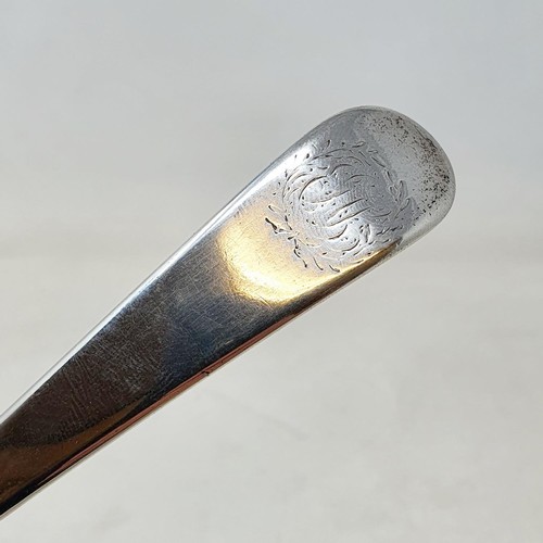 708 - An 18th century silver Old English pattern basting spoon, initialed, marks indistinct, 3.7 ozt