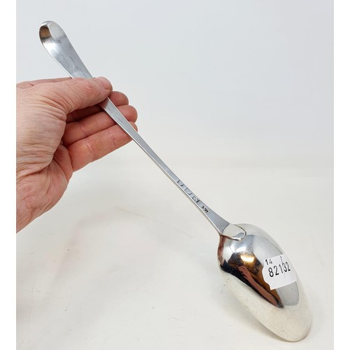 708 - An 18th century silver Old English pattern basting spoon, initialed, marks indistinct, 3.7 ozt