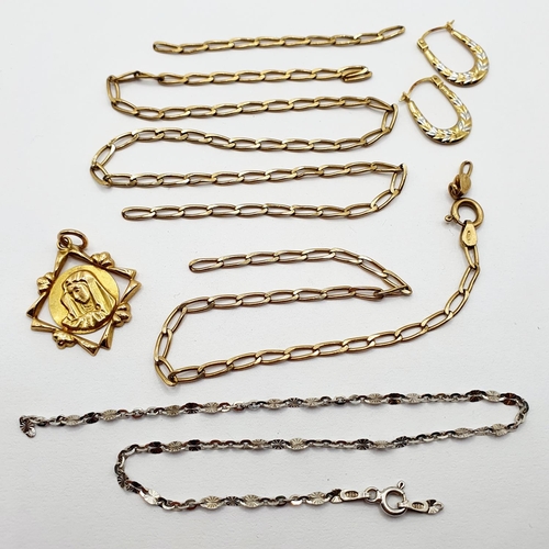 798 - An 18ct gold pendant, a 9ct gold necklace, a silver bracelet, and a pair of 9ct gold earrings