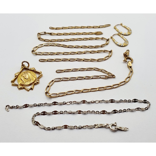 798 - An 18ct gold pendant, a 9ct gold necklace, a silver bracelet, and a pair of 9ct gold earrings