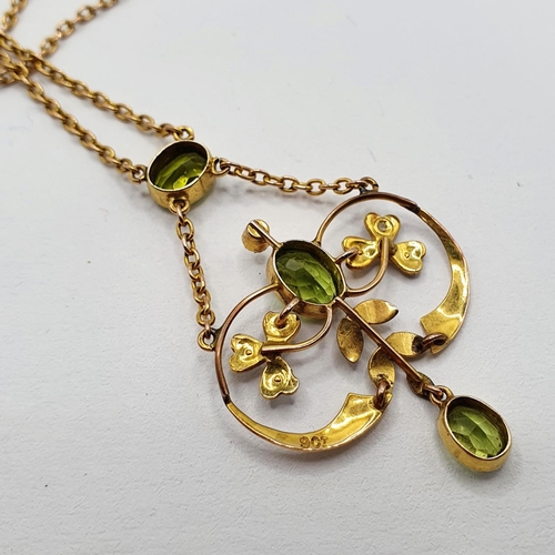 801 - An Art Nouveau 9ct gold, seed pearl and peridot necklace, 4.9 g (all in)