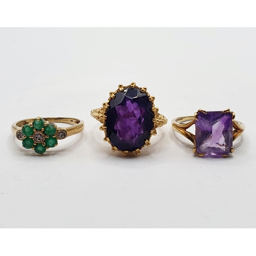 809 - ***WITHDRAWN*** A 9ct gold and amethyst ring, ring size M, and two other rings (3)