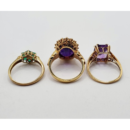 809 - ***WITHDRAWN*** A 9ct gold and amethyst ring, ring size M, and two other rings (3)