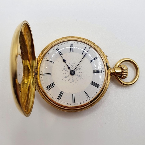 747 - An 18ct gold half hunter pocket watch, case with blue enamel monogramm, 38.3 g (all in)