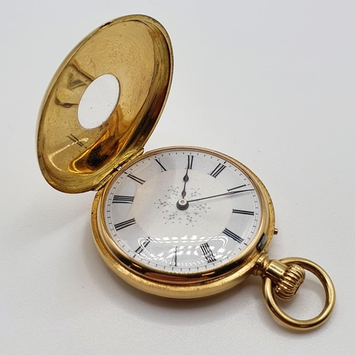 747 - An 18ct gold half hunter pocket watch, case with blue enamel monogramm, 38.3 g (all in)