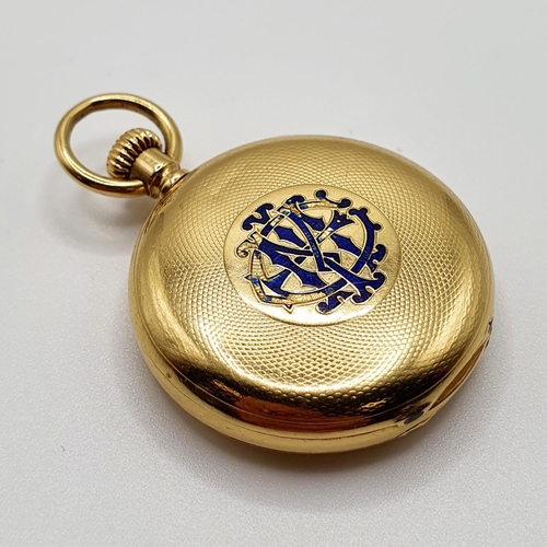 747 - An 18ct gold half hunter pocket watch, case with blue enamel monogramm, 38.3 g (all in)