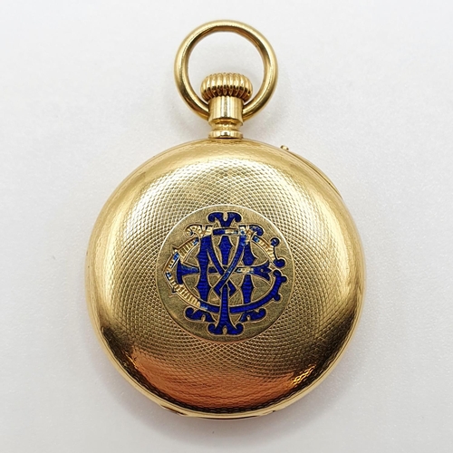 747 - An 18ct gold half hunter pocket watch, case with blue enamel monogramm, 38.3 g (all in)