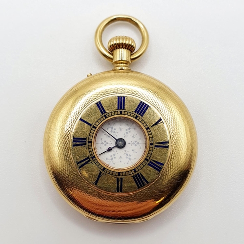 747 - An 18ct gold half hunter pocket watch, case with blue enamel monogramm, 38.3 g (all in)