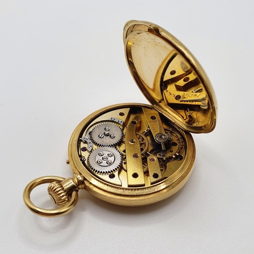 747 - An 18ct gold half hunter pocket watch, case with blue enamel monogramm, 38.3 g (all in)