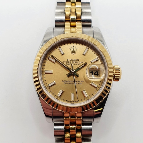 752 - A ladies stainless steel and gold Rolex Oyster Perpetual Datejust wristwatch, with a champagne dial ... 