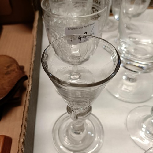 1048 - An 18th Century wine glass, chipped, 14 cm high and other glassware (qty)