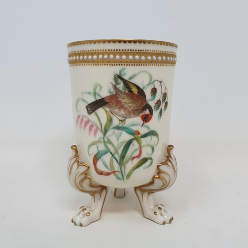 1001 - A late Victorian porcelain vase, decorated birds and foliage, on three monopodia feet, probably Worc... 