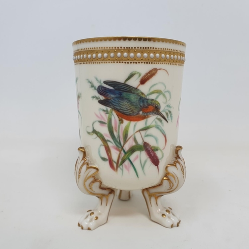 1001 - A late Victorian porcelain vase, decorated birds and foliage, on three monopodia feet, probably Worc... 