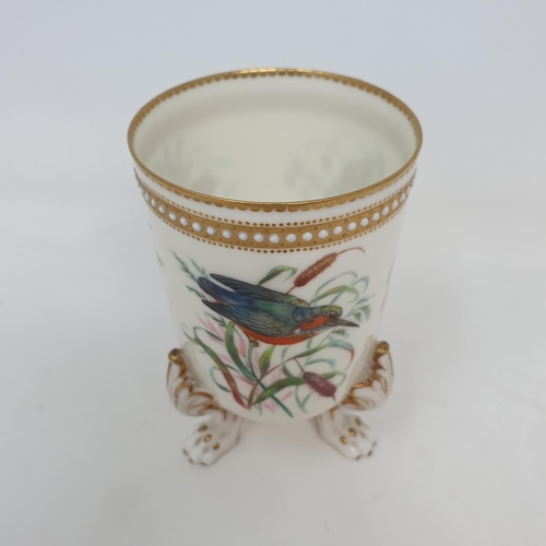 1001 - A late Victorian porcelain vase, decorated birds and foliage, on three monopodia feet, probably Worc... 