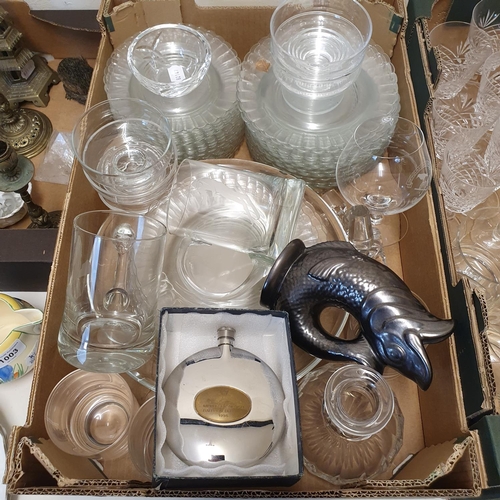 1005 - A set of four Waterford wine glasses, other glassware, a picnic set, and a box of assorted linen (5 ... 