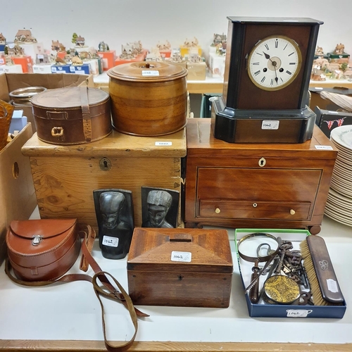 1042 - A mahogany jewellery box, 35 cm wide, a pine box, a tea caddy, a pair of carved bookends, and assort... 