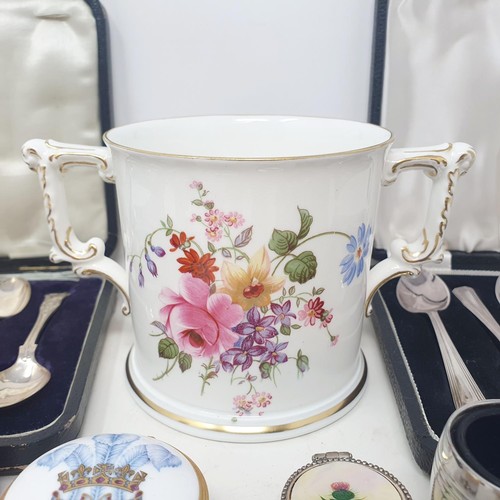 1145 - A Crown Derby tyg, a set of six teaspoons, assorted enamel boxes and other items (box)