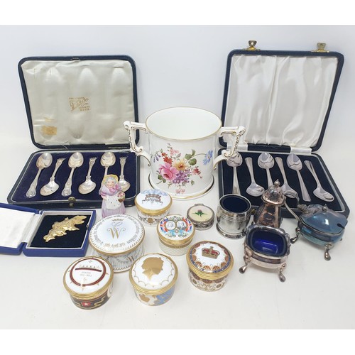 1145 - A Crown Derby tyg, a set of six teaspoons, assorted enamel boxes and other items (box)