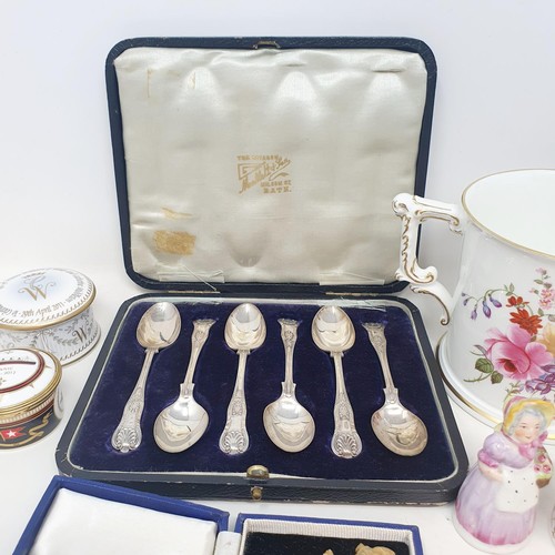 1145 - A Crown Derby tyg, a set of six teaspoons, assorted enamel boxes and other items (box)