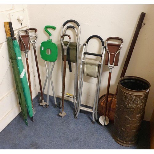 1081 - A shooting stick, six others, a copper stick stand, a warming pan and other items (qty)