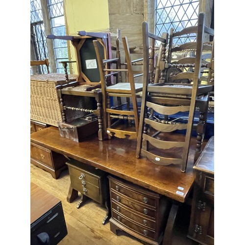 1263 - A mahogany corner wash stand, oak refractory table, 165 cm wide, and a large group of other furnitur... 