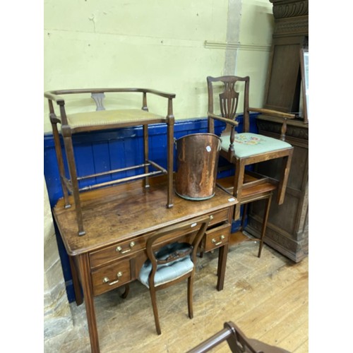 1280 - A mahogany kneehole desk, 160 cm wide, two chairs, a piano stool, a two tier table and a copper coal... 