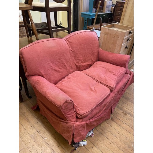 1306 - A mahogany tray top commode, 40 cm wide, a drop leaf table, a two seater sofa, and two chairs (5)