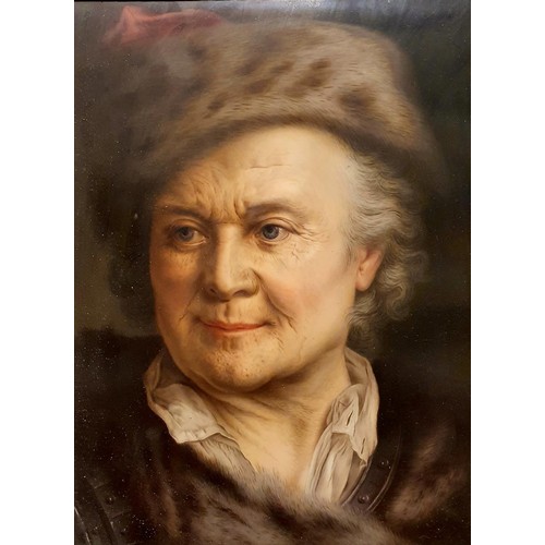 1159 - An early 20th century porcelain plaque, painted portrait of an elderly woman, 26 x 18 cm, in an ebon... 