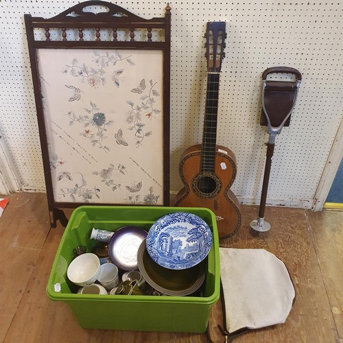 1176 - An acoustic guitar, a bed pan, a shooting stick, assorted pewter mugs, and other items (qty)