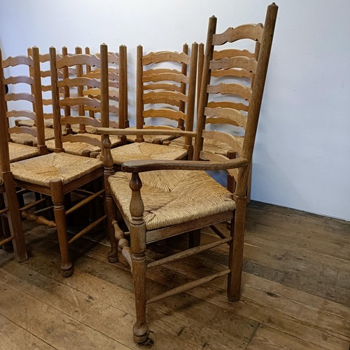 1204 - A set of twelve oak ladder back dining chairs, with reeded seats (10 +2)