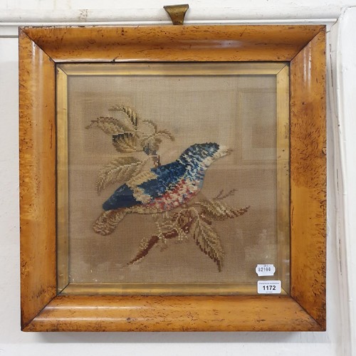 1172 - A 19th century embroidered panel, of a bird, 50 x 50 cm