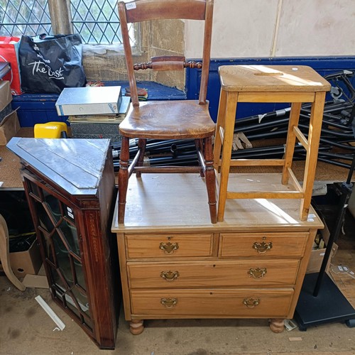 1293 - A walnut chest, 92 cm wide, a corner cabinet, a single chair, and a stool (4)