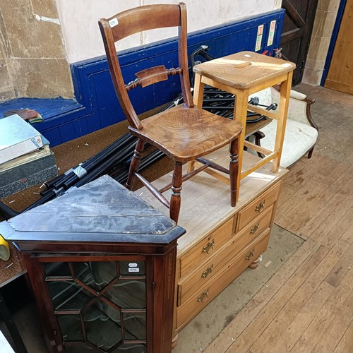 1293 - A walnut chest, 92 cm wide, a corner cabinet, a single chair, and a stool (4)