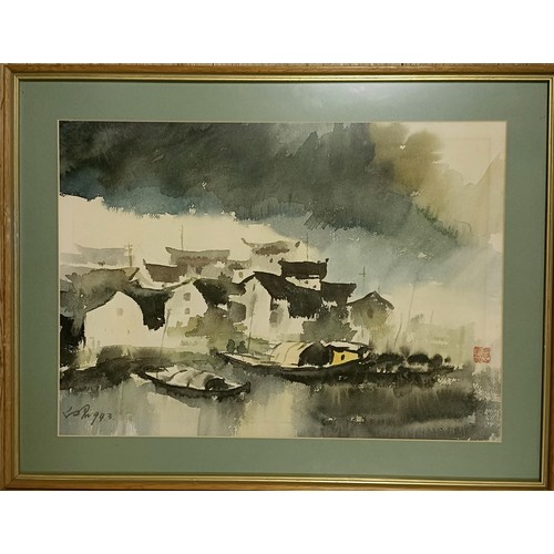 366 - A Chinese landscape, watercolour, 38 x 53 cm, and its pair (2)