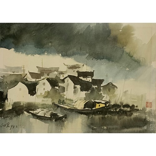 366 - A Chinese landscape, watercolour, 38 x 53 cm, and its pair (2)