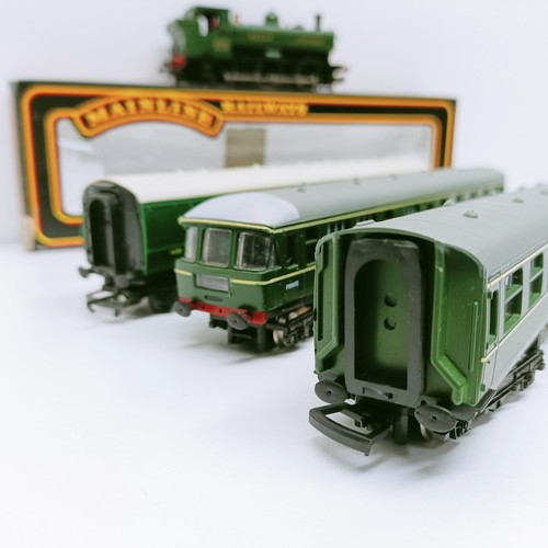 249 - A Mainline Railways OO gauge 0-6-0 locomotive, lacking tender, No 37-058, boxed, a two car train set... 