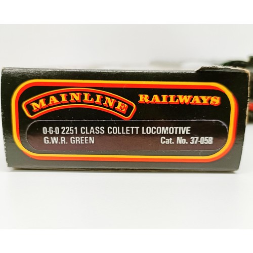 249 - A Mainline Railways OO gauge 0-6-0 locomotive, lacking tender, No 37-058, boxed, a two car train set... 